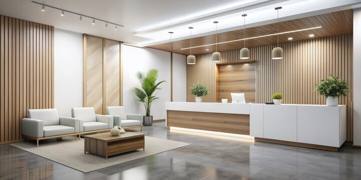 Sleek minimalist white reception area of modern medical office hospital features clean lines, wooden accents, and stylish furniture in a serene and calming atmosphere.
