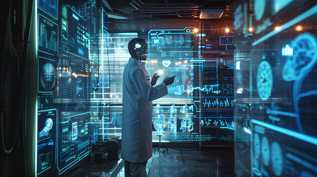 doctor using artificial intelligence on virtual screen for medical research - future medicine healthcare laboratory concept Stock Illustration