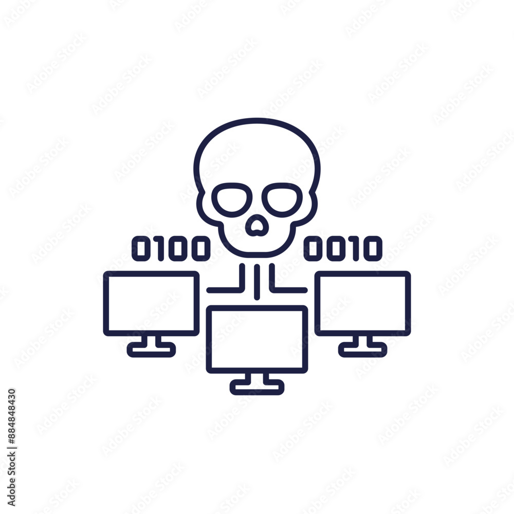 Poster botnet, bot attack line icon, computer malware or malicious software
