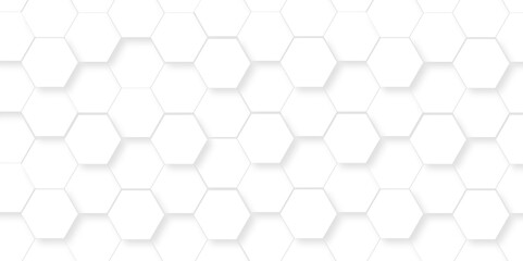 Fototapeta premium Seamless pattern of hexagons white Hexagonal background with white hexagons. Geometric futuristic technology honeycomb backdrop mesh cell vector. 3d white hexagon grid tile structure mesh background.