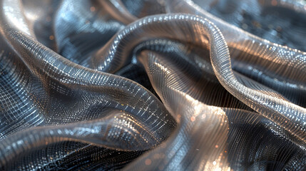 Fototapeta premium A piece of metallic mesh fabric in a sparkling silver, highlighting its airy and reflective qualities.