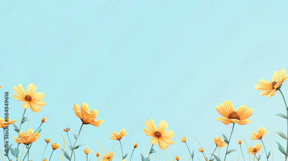 Sticker Explore the beauty of a serene spring landscape with a meadow of yellow flowers under a vibrant blue sky.