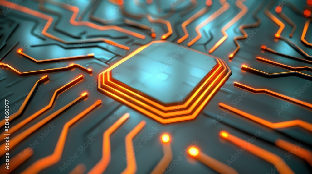 Poster abstract scifi hitech background with a futuristic device processor pattern in grey, silver, and ora