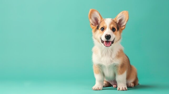 Happy corgi puppy sitting against a teal background