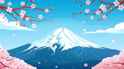 Captivating illustration of Mount Fuji and cherry blossom trees on a serene Showa day.