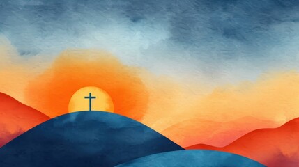 Beautiful watercolor illustration of Good Friday with a cross standing on a hill.