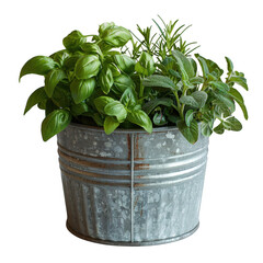 Naklejka premium A lush mix of basil, rosemary, and mint herbs growing in a rustic metal bucket, perfect for home gardens and kitchen decor.