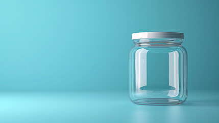 A clear plastic jar with a white lid on a clean pastel blue background, perfect for text overlay.