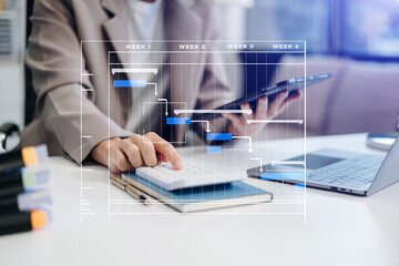 Project manager working and update tasks with milestones progress planning and Gantt chart scheduling diagram.