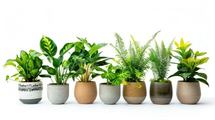 collection houseplant in vase isolated on white