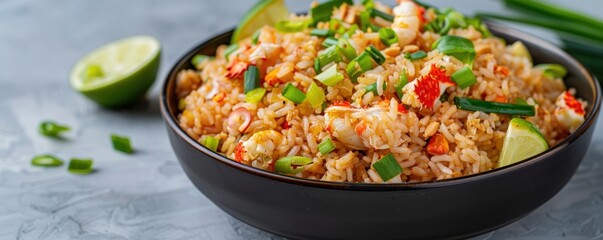 A delicious bowl of seafood fried rice garnished with green onions and lime, perfect for a flavorful meal.