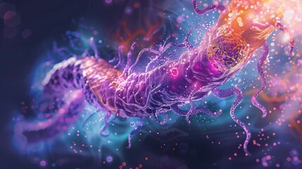 Illustration of the digestive tract with highlighted sections showing the damage caused by H.pylori bacteria, including erosion of the stomach lining and formation of ulcers.