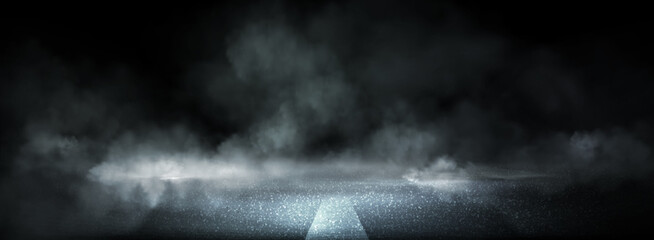 Wet road and smoke abstract background empty scene with asphalt texture and spotlight. Horror highway surface with smog and neon light. Danger scary banner bg. Mysterious escape stage at night
