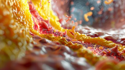 Illustration of the stomach lining healing after successful H.pylori treatment, showing a transition from inflamed and ulcerated tissue to healthy tissue.