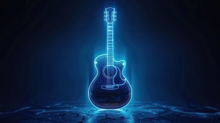 Futuristic glowing acoustic guitar in dark blue light ambiance, showcasing modern technology and creativity in music.