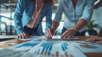 Fototapeta premium Two business professionals collaborating on data analysis, reviewing charts and graphs on a desk in a modern office setting.