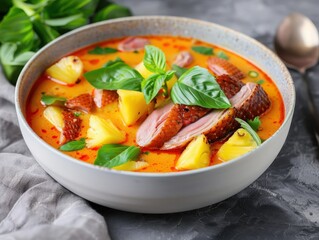 A vibrant bowl of spicy red curry with tender slices of roasted duck, chunks of pineapple, and fresh basil leaves, served in a ceramic bowl.