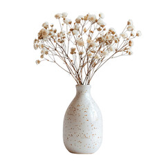 Elegant white vase filled with delicate white dry flowers, providing a chic and minimalist decor element for a modern, stylish home interior.