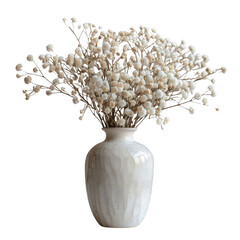 Elegant white vase with a bouquet of delicate white flowers on a white background, perfect for home decor and interior design.