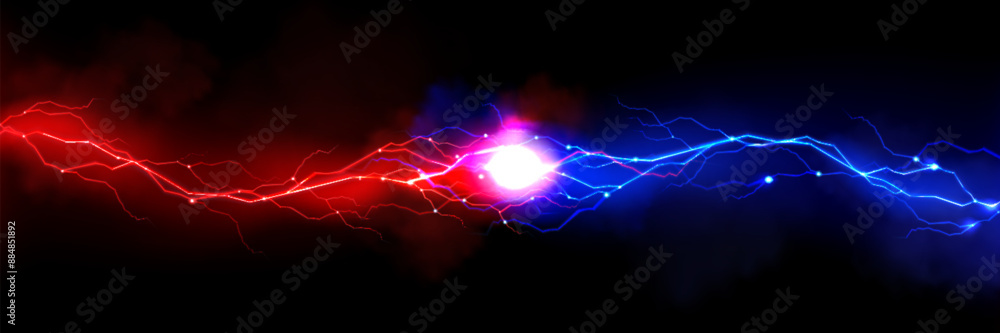 Poster thunder vs light effect background. bolt energy collision in blue and red. lightning shock and magic