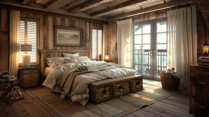 A rustic bedroom with reclaimed wood flooring, plantation shutters offering privacy and style, and earth-toned curtains.