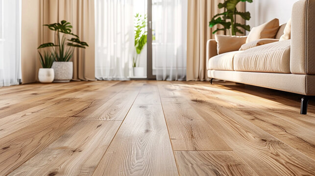 Fototapeta A modern living room with light oak vinyl flooring and matching oak-colored curtains, providing a natural and cohesive look.