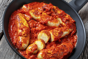 German Currywurst, pork sausages in a curry sauce