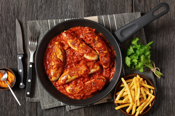 German Currywurst, pork sausages in a curry sauce