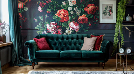 A stylish living room with a deep green velvet sofa against a floral wallpaper accent wall, adding a touch of elegance and nature.