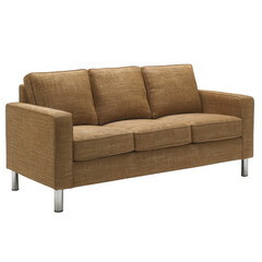 Obraz premium Modern brown fabric three-seater sofa with clean lines and metal legs. Perfect for living rooms, offices, and lounges to enhance decor.