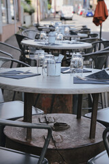 France - June 18, 2024: Terrace seats or al fresco in France