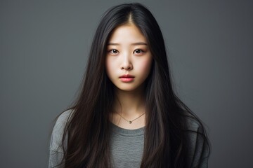 A woman with long black hair and a necklace is looking at the camera