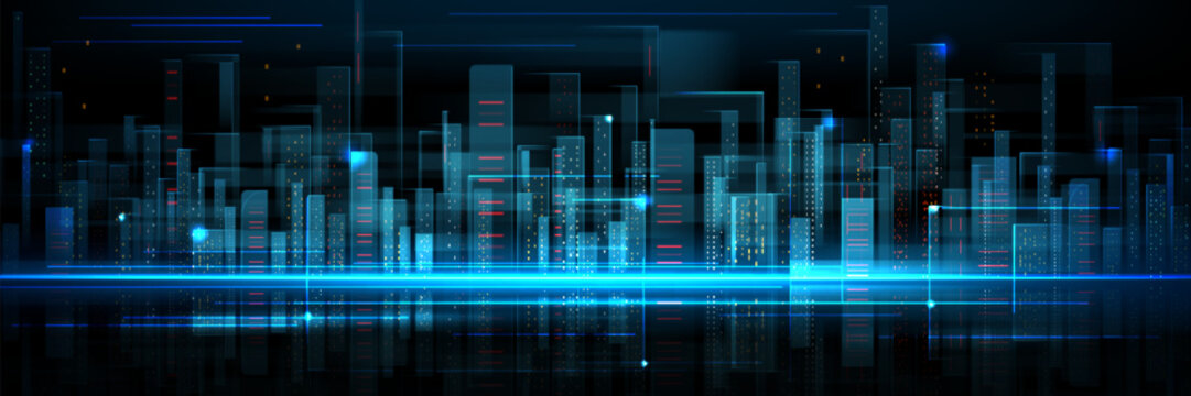 Abstract future city building tech background. Blue digital smart futuristic cityscape concept. Innovation and data hologram for virtual reality. Cyber metaverse network bg. Urban business energy