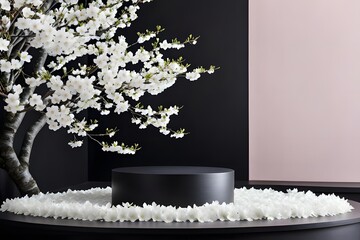 Elegant 3D background with a black podium adorned by sakura white flowers