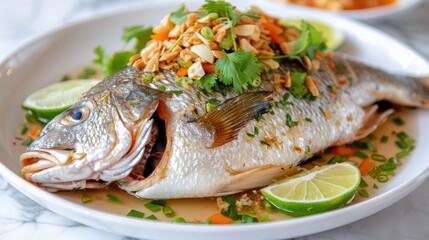 Delicious steamed fish garnished with crispy garlic, fresh herbs, and lime on a white plate, perfect for a savory seafood meal.