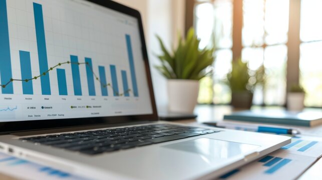 An office desk with a printed scatter plot graph and a laptop showing related digital data.