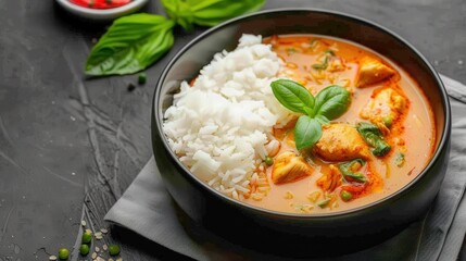 Delicious Thai red curry with chicken and rice served in a black bowl garnished with basil leaves, a perfect blend of spicy and savory flavors.