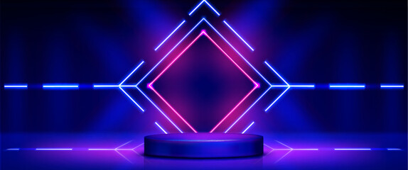 Blue pink neon 3d podium. Futuristic light stage for product display. Abstract glow platform in dark room with geometric led square for presentation. Realistic award pedestal for winner design © klyaksun