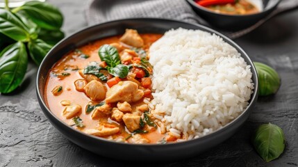 Delicious Thai red curry with chicken, vegetables, and fresh basil served with rice in a black bowl on a textured surface.