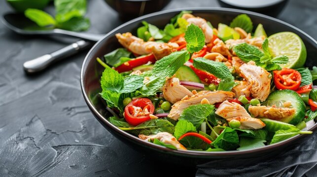 Fresh and vibrant chicken salad with a medley of vegetables, garnished with lime and mint, served in a black bowl.