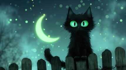 A black cat with glowing green eyes sitting on a fence under a crescent moon
