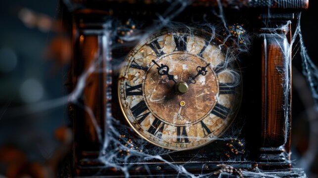 A spooky old grandfather clock striking midnight, with cobwebs and a ghostly figure nearby
