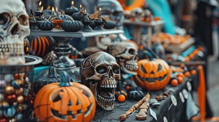 A spooky Halloween party with people in elaborate costumes and eerie decorations