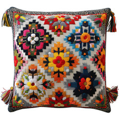 Colorful embroidered pillow with intricate geometric patterns and tassels, perfect for home decor and adding a vibrant touch to any space.