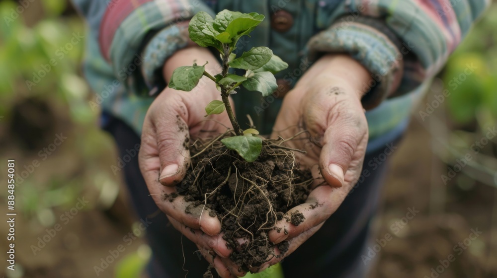 Poster close-up of hands holding a small tree sapling with roots, ready for planting.