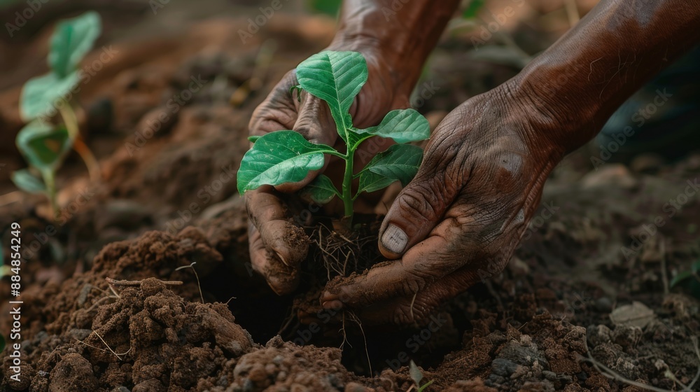 Aufkleber close-up of hands holding a tree sapling and checking its roots before planting