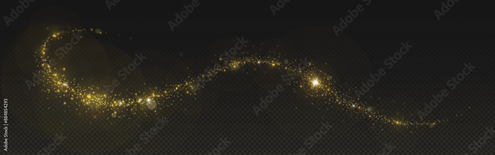 Poster magic gold dust trail with star shaped sparkles on dark transparent background. realistic vector ill