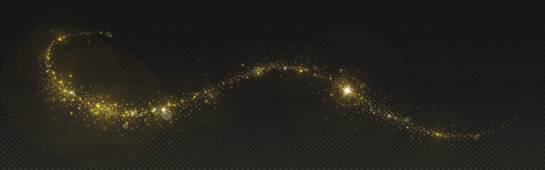 Magic gold dust trail with star shaped sparkles on dark transparent background. Realistic vector illustration of circle and wave path of shine glitter and shimmer particles. Can be used as png.