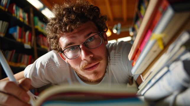 9. A student writing an essay in a quiet university library corner, with books stacked beside and a thoughtful expression