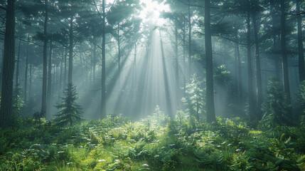 Fototapeta premium An intricately detailed shot of a misty morning in a dense pine forest, with sun rays piercing through the fog and illuminating the forest floor.
